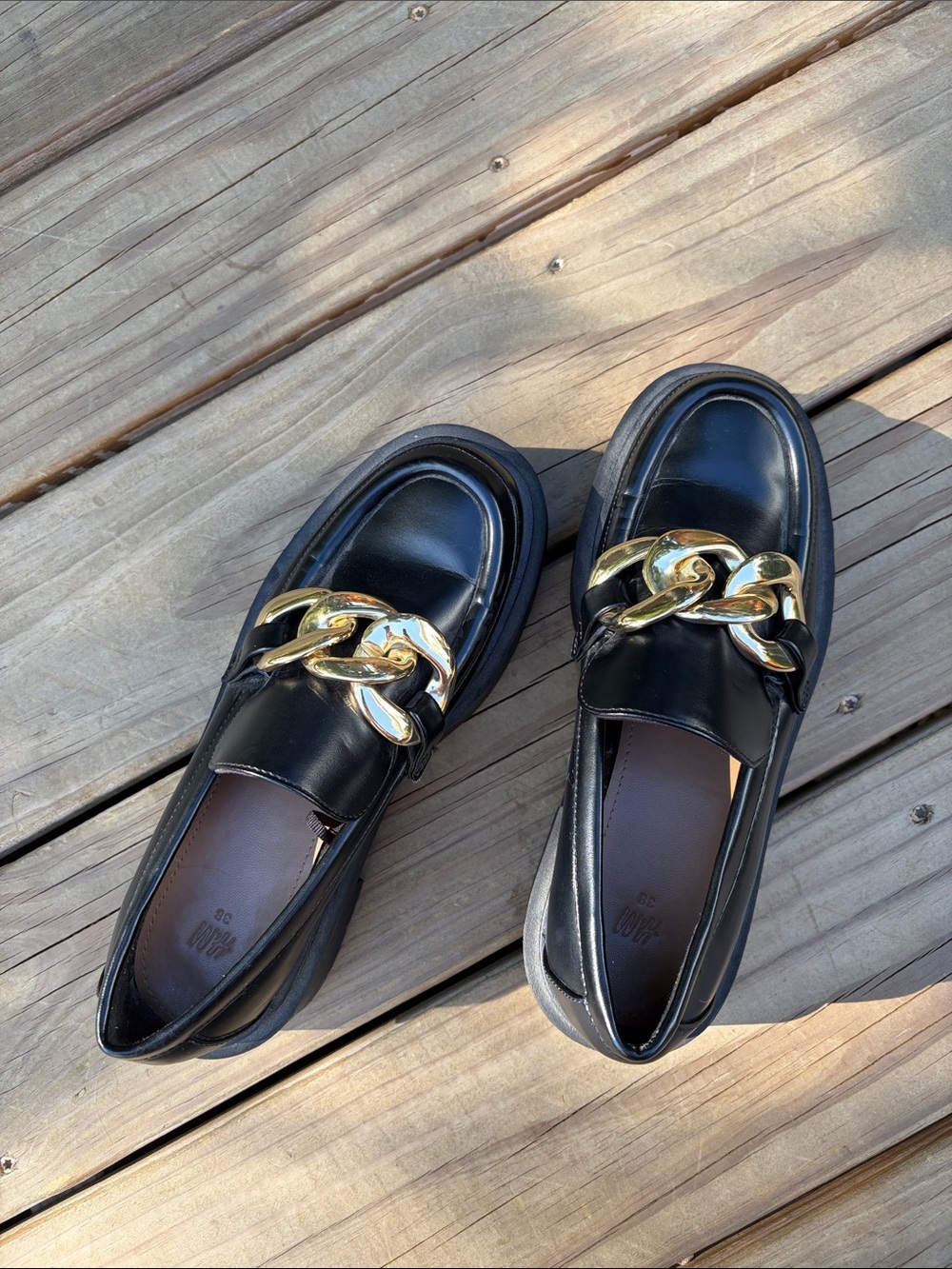 H&M Black Leather Loafers with Gold Chain Accent